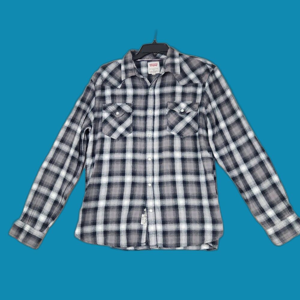 Levi's Men's Pearl Snap Gray & Black Shirt Size Large Western Style Americana